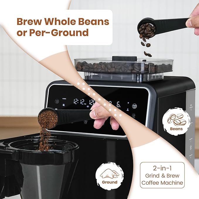 Gevi 10 Cup Drip Coffee Maker with Built-in Grinder, Grind ๏ผ Brew Burr Combo Coffee Machine with Touch Screen, Programmable, 4-Hour Warm Plate, Permanent Filter, Coffee Carafe