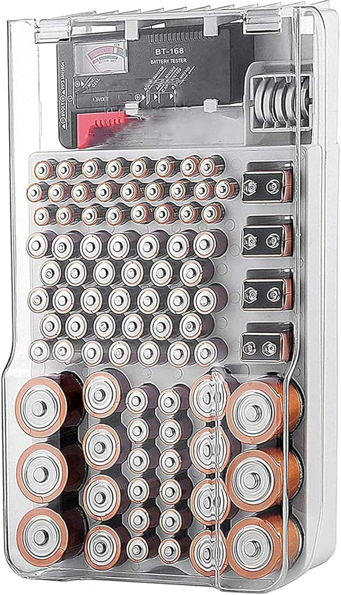 Battery Organizer Storage Box with Tester,Clear Lid Battery Organizer Storage Case Holder Holds 93 Batteries Battery Storage Box Battery Carrying Case(Batteries are Not Included)
