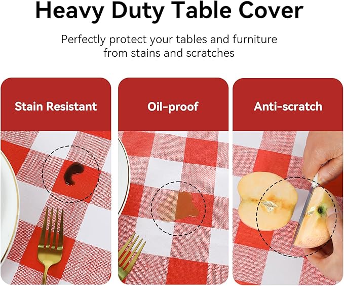Romanstile Rectangle Plastic Tablecloth, 100% Waterproof Oil-Proof Checkered PVC Table Cloth, Heavy Duty Vinyl Table Cover for Dining, Camping, Picnic, Outdoor - 54 x 78 Inch, Red and White
