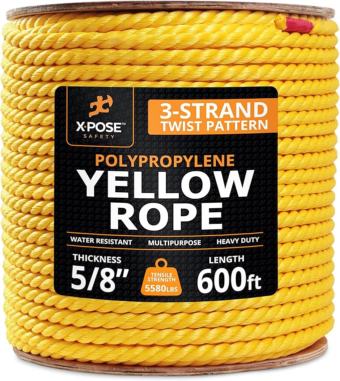 Yellow Twisted Polypropylene Rope, 5/8" Thickness x 600' Length Heavy Duty Poly Ropes for Outdoor and Marine Use, Yellow Rope for Visibility & Safety