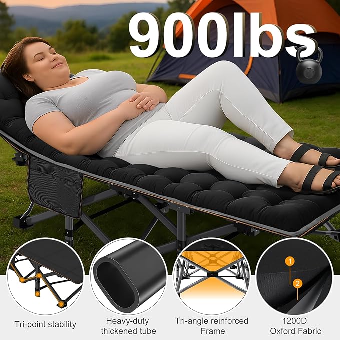 ABORON Folding Camping Cot W/Mat for Adults, Heavy Duty Outdoor Bed with Carry Bag,1200 D Layer Oxford Travel Camp Cots (Black Cot with Black Cotton Pad)