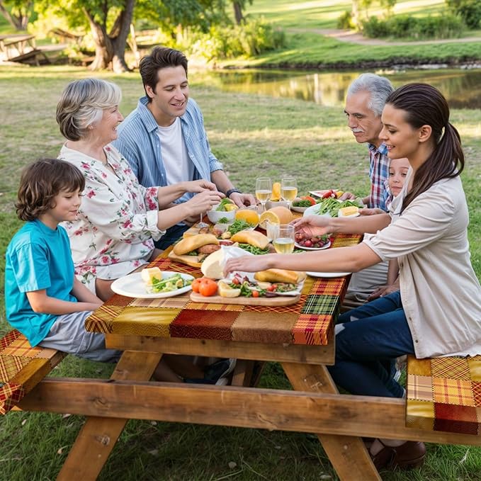 JAWO Picnic Table Covers with Bench Covers Camping Fall Autumn Tablecloth 8FT for 8 Person Fitted Picnic Table Cover with Elastic Windproof Waterproof Fabric, Camping Accessories Patio & Outdoor