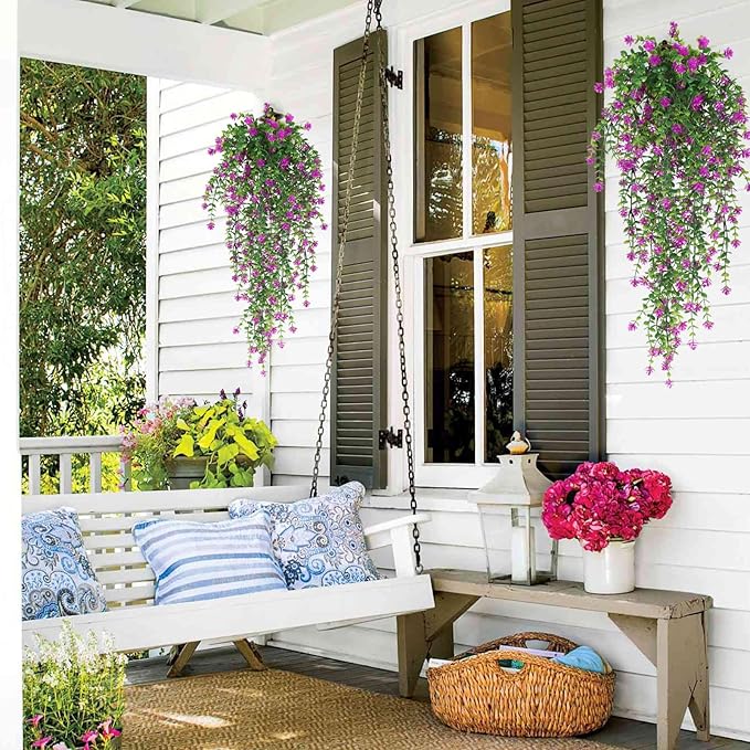 RECUTMS Artificial Fake Hanging Eucalyptus Plants Vine Hanging Plant Outdoor UV Resistant Plastic Plants Artificial Greenery for Bedroom Wall Decor Wedding Party Room Aesthetic Stuff(Fuchsia)