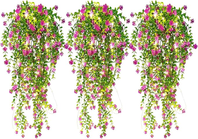 RECUTMS Artificial Hanging Plants with Lights Fake Hanging Plant Faux Eucalyptus Leaf Greenery Vine Outdoor UV Resistant Plastic Plants Home Garden Wedding Party Indoor Outdoor Decorations (Fuchsia)