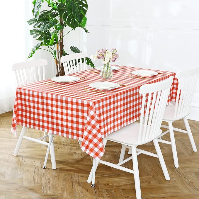 Romanstile Rectangle Vinyl PVC Tablecloth, 100% Waterproof Buffalo Plaid Plastic Table Cloth, Oil Proof Heavy Duty Wipeable Table Covers for Dining/Camping/Picnic/Outdoor - 54 x 108, Red and White