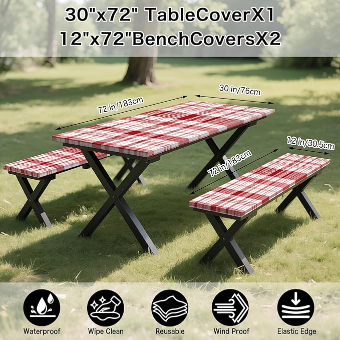 Red Picnic Table Cover with Bench Covers, 3 Pcs Waterproof Elastic Picnic Table Cover Outdoor Camping Essentials, Windproof Fitted Tablecloth for Camping, Indoor, Outdoor (Plaid, 72X30 Inch)