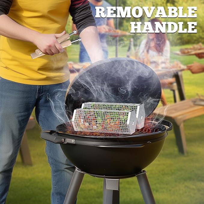 Rolling Grill Baskets (2PCS, Hexagon), Removable Wooden Handle, 304 Stainless Steel, Nesting Grilling Net, BBQ Accessories Tools for Vegetables Shrimp, Outdoor Cooking Camping, Birthday Gifts for Men Dad Husband