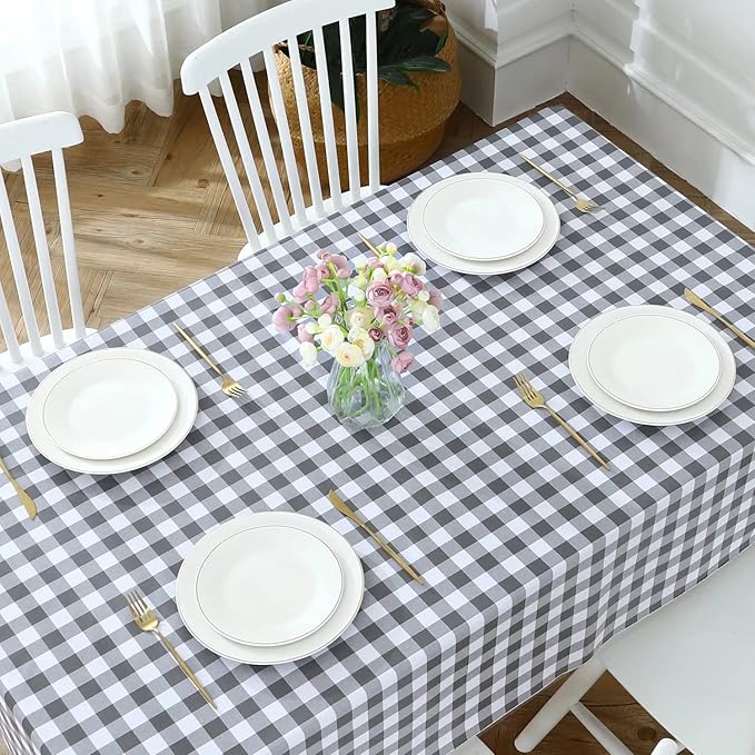 Romanstile Rectangle Vinyl PVC Tablecloth, 100% Waterproof Buffalo Plaid Plastic Table Cloth, Oil Proof Heavy Duty Wipeable Table Covers for Dining/Camping/Picnic/Outdoor - 54 x 108, Grey and White
