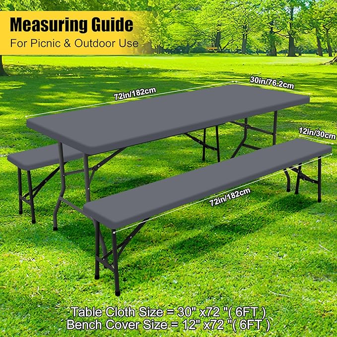 Smiry Picnic Table Cover with Bench Covers, Waterproof Elastic Fitted Polyester Tablecloths for 6 Ft Rectangle Tables, Washable Windproof Tablecloth for Camping, RV & Outdoor (Grey, 30x72 Inches)