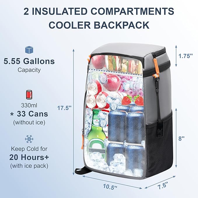 Backpack Cooler Insulated Leak Proof 33/49 Cans, 2 Insulated Compartments Thermal Bag, Portable Lightweight Beach Travel Camping Lunch Backpack for Men and Women