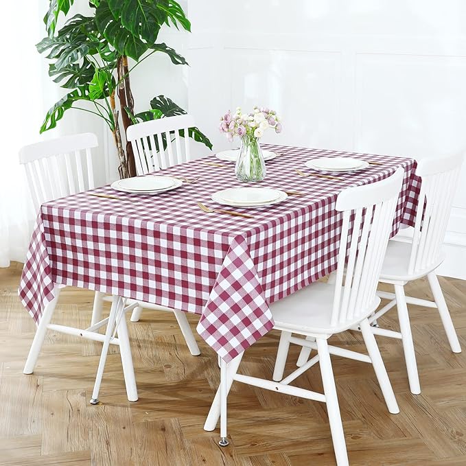 Romanstile Rectangle Vinyl PVC Tablecloth, 100% Waterproof Buffalo Plaid Plastic Table Cloth, Oil Proof Heavy Duty Wipeable Table Covers for Dining/Camping/Picnic/Outdoor - 60 x 102, Burgundy