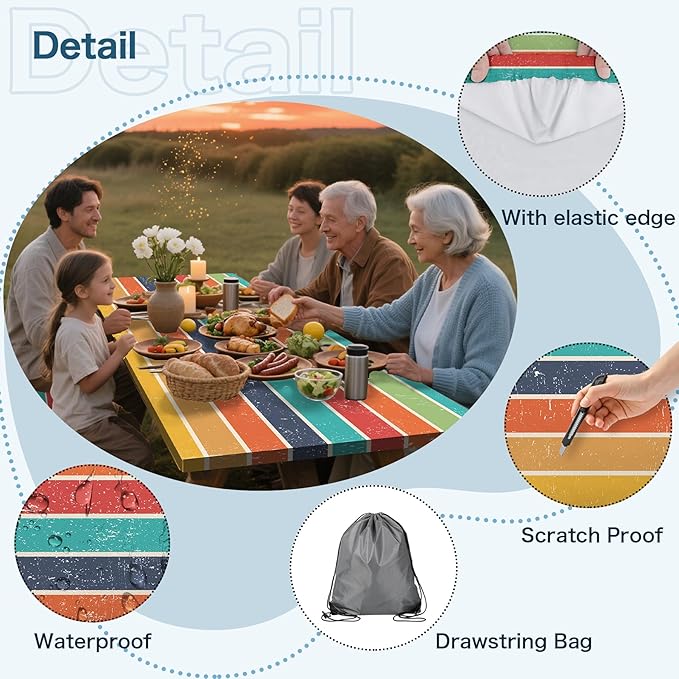 Colorful Picnic Table Cover with Bench Covers, 3 Pcs Waterproof Elastic Picnic Table Cover Outdoor Camping Essentials, Windproof Fitted Tablecloth for Camping, Indoor, Outdoor (Striped, 72X30 Inch)