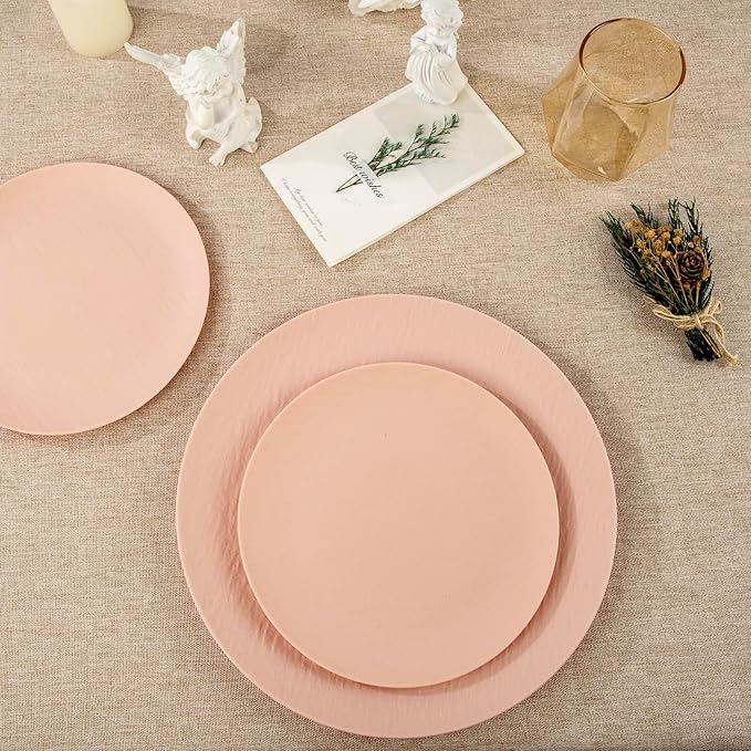 WONDERFUL 32pcs Pink Plates - Reusable Pink Plastic Plates Unbreakable and Reusable Plate Dishwasher safe Dishes Set Includes:16 Dinner 10" and 16 Dessert Plate 7.3" for Wedding Bridal Shower Camping