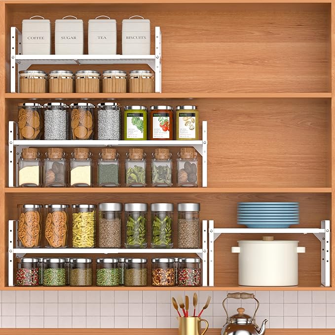Redrubbit Expandable Cabinet Storage Shelf, Adjustable Height Steel Metal Kitchen Counter Organizers Shelves Spice Rack for Kitchen Pantry Bathroom Cupboard Desk Home Office, White-1 Pack