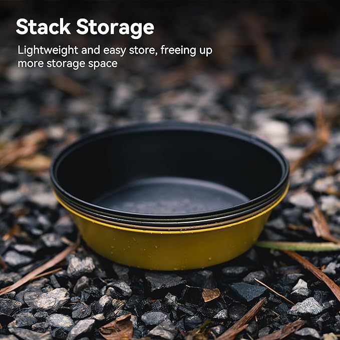 Camping Plates 2pcs Set, Stainless Steel Deep Round Plates, Insulated Dinnerware Cookware, Khaki