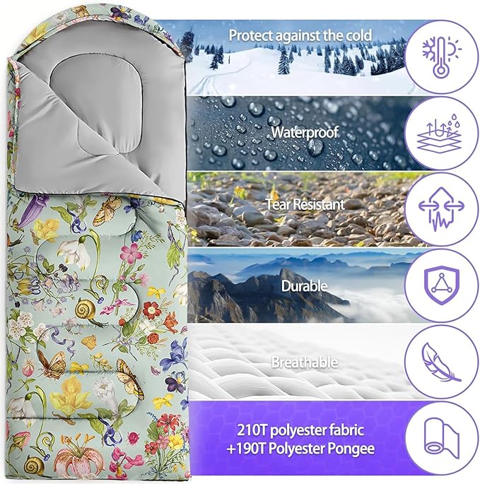 Sleeping Bags for Adults and Kids,3D Printing Camping Sleeping Bag for Girls Boys Lightweight Waterproof Cold/Warm 3-Season,Outdoor Travel with Compression Bags