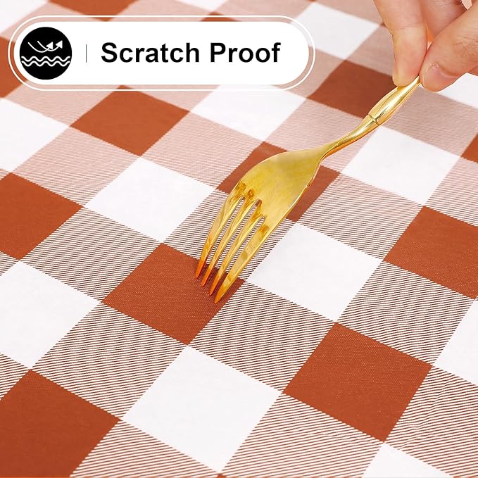 misaya Square Waterproof Vinyl Table Cloth, Buffalo Flannel Backed Tablecloth, Wipeable Plastic Table Cover for Dinner, Kitchen, Picnic, (60" x 60", Rust and White)