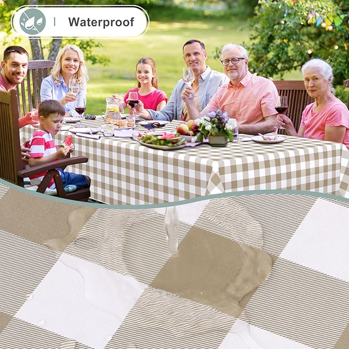 misaya 2 Pack Waterproof Vinyl Table Cloth, Buffalo Flannel Backed Tablecloth, Wipeable Plastic Table Cover for Dinner, Kitchen, Outdoor (60" x 84", Khaki & White)