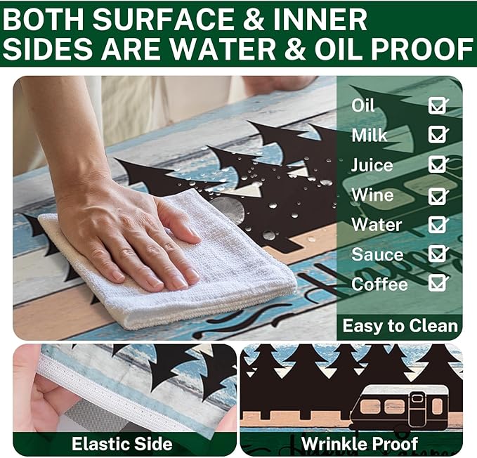 Picnic Table Cover with Bench Covers Elastic Edges, Blue Camper Fitted Table Cover, Outdoor Patio Camping Essentials 72 Inch 3PCS, Waterproof Camping Fitted Tablecloth with Drawstring Bag