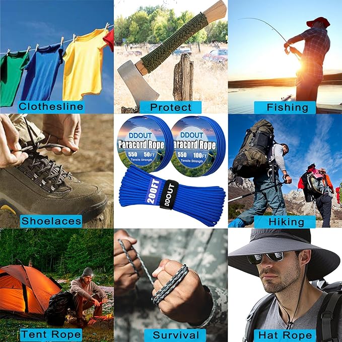 Paracord Nylon Rope Blue 200ft with 7-Strand Core, 10 Colors and 50/100/200 ft, Type III Parachute Cord 4mm for Camping, Survival, Hiking, DIY, Crafting, Outdoor Utility Rope