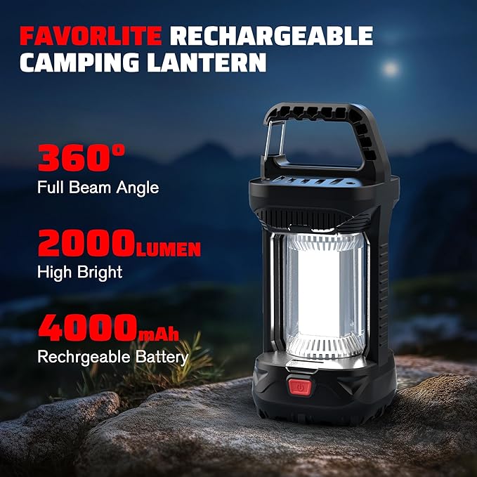 Camping Lantern Rechargeable, 2000LM Rechargeable Lantern with 4400mAh Battery, Waterproof LED Camping Light with 4 Modes, Portable Lanterns for Power Outages, Hurricane and Outdoor Use