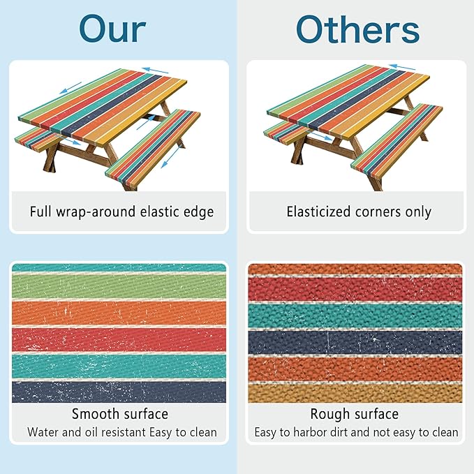 Colorful Picnic Table Cover with Bench Covers, 3 Pcs Waterproof Elastic Picnic Table Cover Outdoor Camping Essentials, Windproof Fitted Tablecloth for Camping, Indoor, Outdoor (Striped, 60X30 Inch)