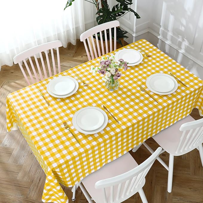 Romanstile Rectangle Vinyl PVC Tablecloth, 100% Waterproof Buffalo Plaid Plastic Table Cloth, Oil Proof Heavy Duty Wipeable Table Covers for Dining/Camping/Picnic/Outdoor - 54 x 78, Yellow and White