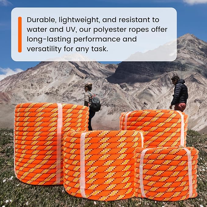 1/2inch 150ft Double Braid Polyester Rope, 48 Strands, 5290lbs Breaking Strength, Orange Arborist Rigging Rope for Various Indoor Outdoor Use Hiking Camping Swing Sailing