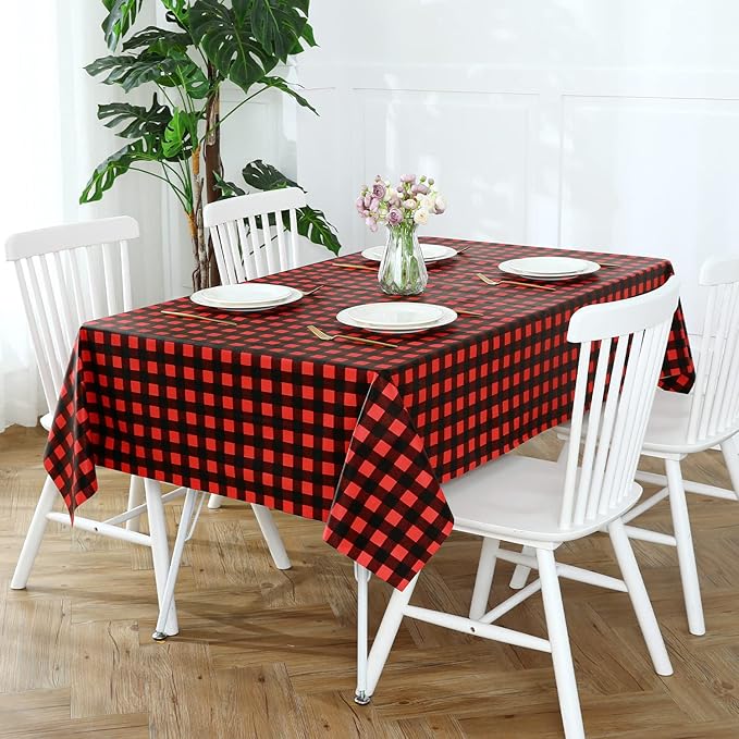 Romanstile Rectangle Vinyl PVC Tablecloth, 100% Waterproof Buffalo Plaid Plastic Table Cloth, Oil Proof Heavy Duty Wipeable Table Covers for Dining/Camping/Picnic/Outdoor - 52 x 70, Black and Red