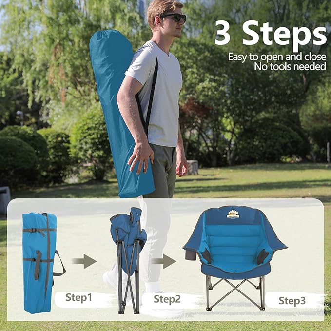 Oversized XL Padded Camping Chair Wide Heavy Duty Lawn Chairs Support 450 LBS Portable Folding Gaint Plus Camp Chair with Side Pocket Cup Holder for Outdoor Outside Sports Baseball-Blue