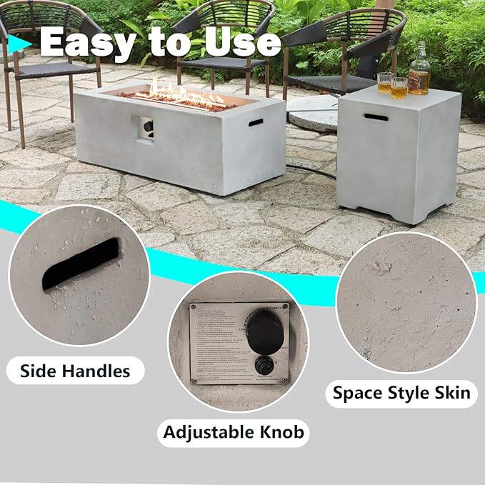 Rectangular Propane Fire Pit,42 Inch Outdoor Fire Pit Table 2-Piece 50,000 BTU,Concrete Firepit with Tank Cover Table w/Lava Rocks Gas Fireplace for Patio & Deck
