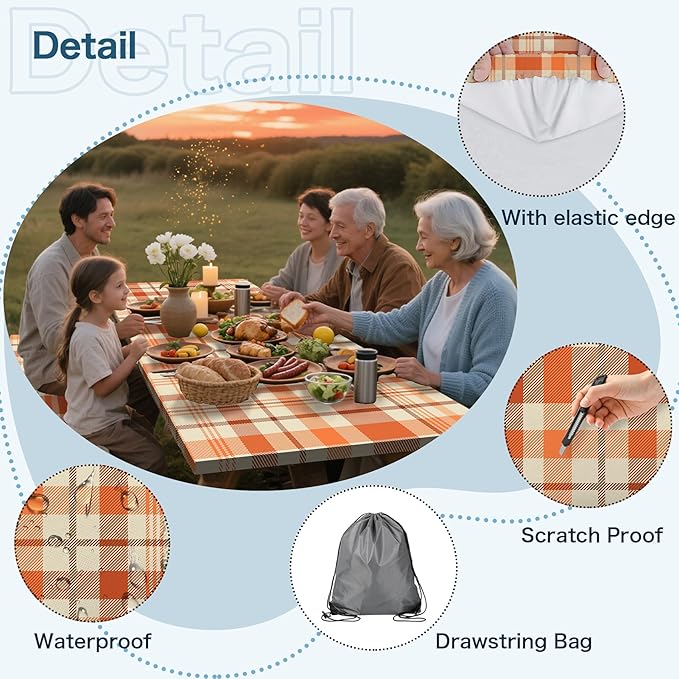 Orange Picnic Table Cover with Bench Covers, 3 Pcs Waterproof Elastic Picnic Table Cover Fall Outdoor Camping Essentials, Windproof Fitted Tablecloth for Indoor Outdoor (Plaid, 72X30 Inch)