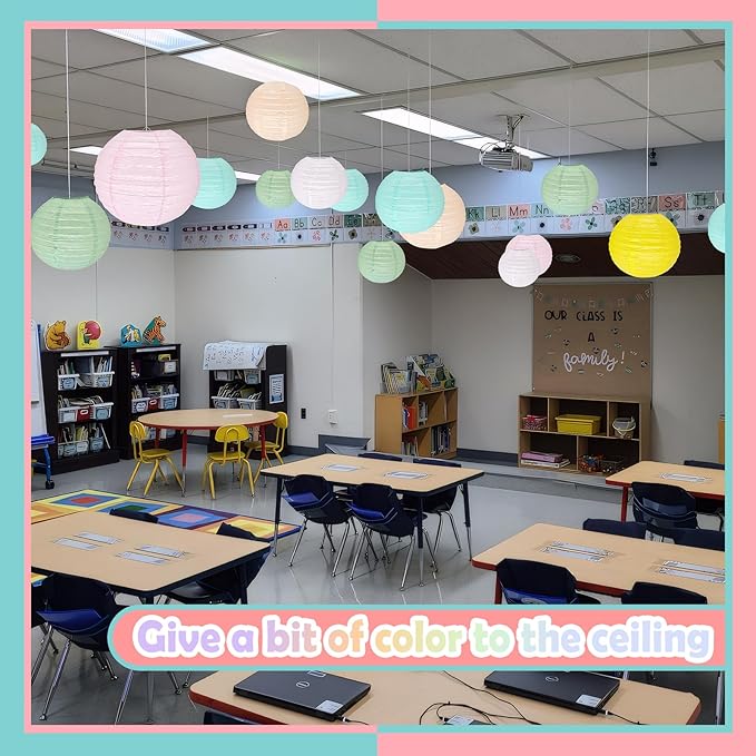 12Pcs 8" Colorful Pastel Paper Lanterns for Classroom Spring Children's Room Mother's Day Baby Shower Wedding Birthday Party Decorations, Macaron Rainbow Pastel Classroom Decor (8 inch)