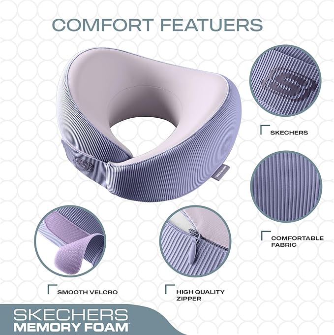 Skechers Memory Foam Neck Pillow, Comfortable & Breathable Travel Pillow,Neck Pillow Airplane for Travel, Car Rides, Home, and Office Use, Ergonomic Design for Men and Women,Purple