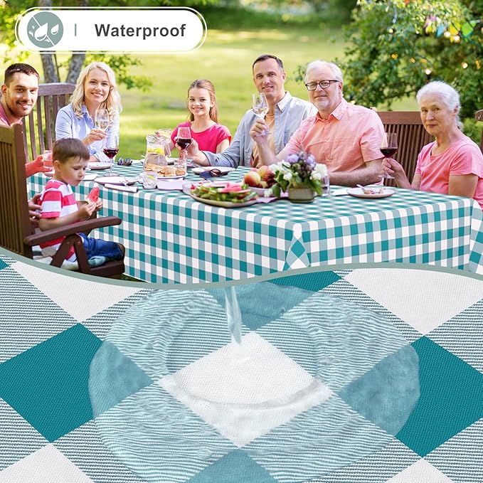 misaya Rectangle Waterproof Vinyl Table Cloth, Buffalo Flannel Backed Tablecloth, Wipeable Plastic Table Cover for Dinner, Kitchen, Outdoor (60" x 84", Turquoise and White)