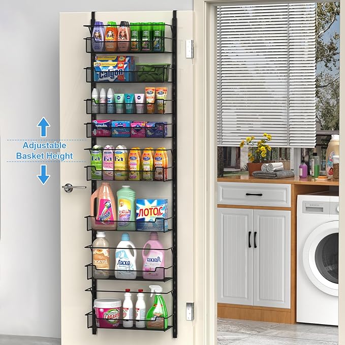 Over the Door Pantry Organizer, 8-Tier Over the Door Organizer with Adjustable Basket, Pantry Door Organization for Pantry Kitchen Storage Room Spice Rack, Black