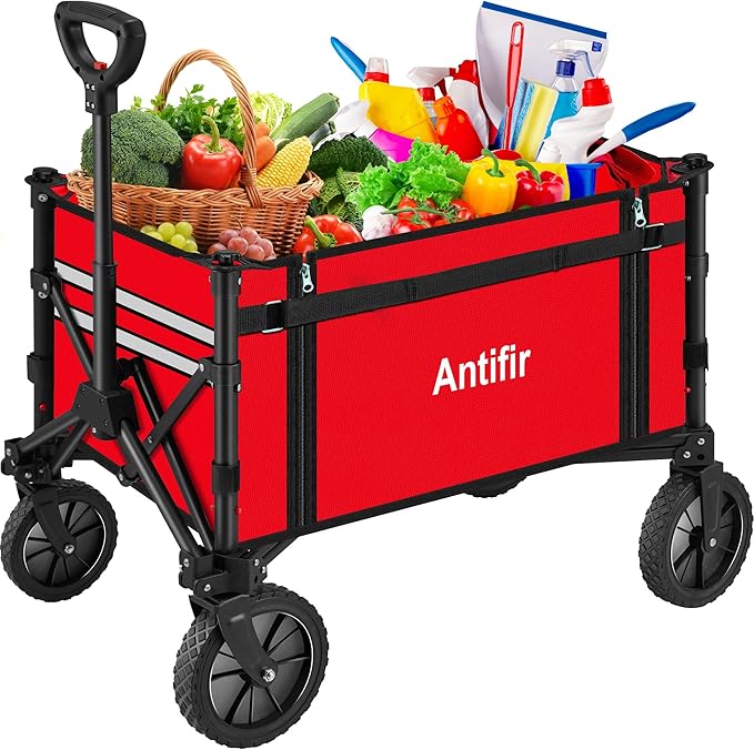 Collapsible Wagon Carts,Folding Wagon Cart with All Terrain Wheels,Heavy Duty Garden Carts with Adjustable Handle,Outdoor Utility Wagon for Camping Shopping Sports Fishing(Red)