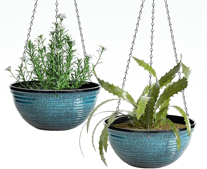 12 inch Hanging Planters for Indoor Outdoor Plants, 2 Pack Large Hanging Flower Pots with Drainage Holes and Chain, Glazed Hanging Baskets for Home Garden Decoration, Blue