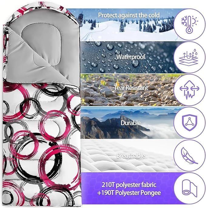 Sleeping Bags for Adults and Kids,3D Printing Camping Sleeping Bag for Girls Boys Lightweight Waterproof Cold/Warm 3-Season,Outdoor Travel with Compression Bags