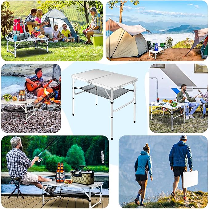 Medium Folding Table,2 Adjustable Height Foldable Table,3Ft Portable Camping Table,Outdoor Folding Table with Net Mesh,Folding Beach Table,White Metal Folding Table for Patio BBQ Backpacking