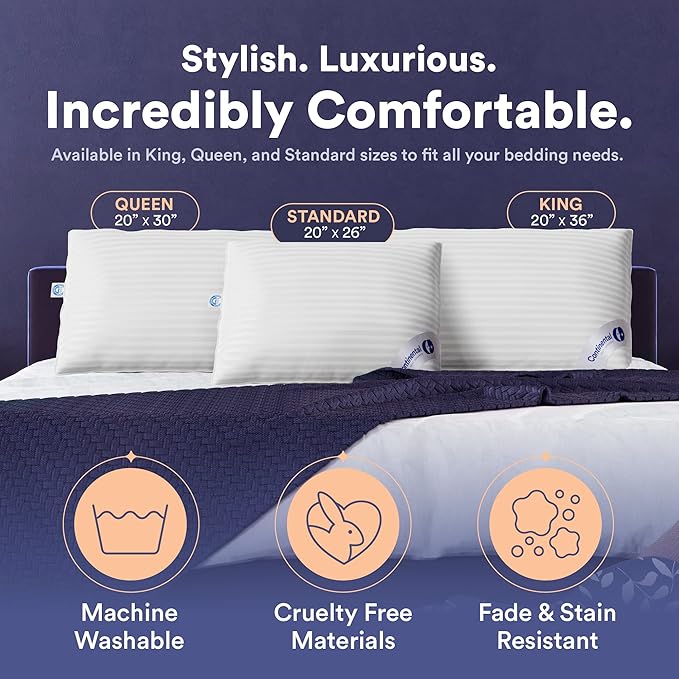 Continental Bedding | Serenity Goose Down Pillow | 700 Fill Power Hungarian White Down | 400TC Cotton Damask Shell | Made in USA | Medium, Queen (Pack of 2), 2 Count