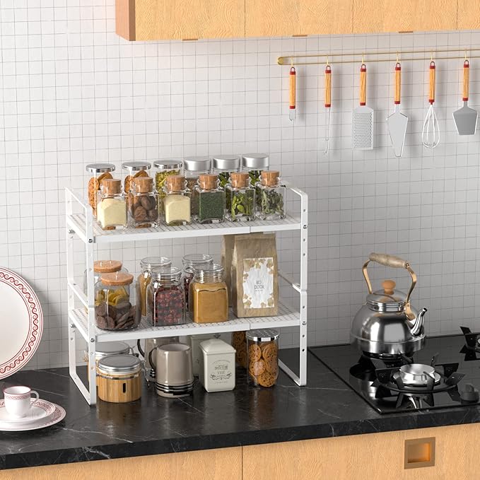 Redrubbit Expandable Cabinet Storage Shelf, Adjustable Height Steel Metal Kitchen Counter Organizers Shelves Spice Rack for Kitchen Pantry Bathroom Cupboard Desk Home Office, White-2 Pack