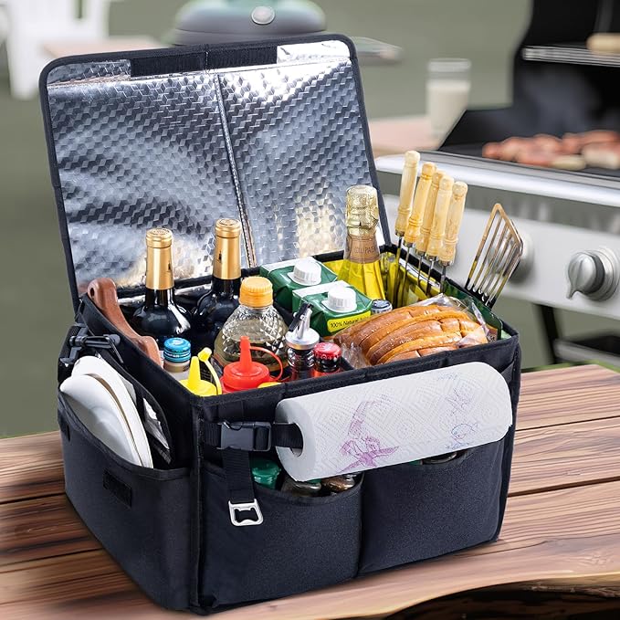 Large Grill Caddy with Lid β BBQ Organizer for Camping, Tailgating, RV, Boating β Grilling Gifts for Men β Collapsible Griddle Tote Bag with Shoulder Strap β Outdoor Essentials