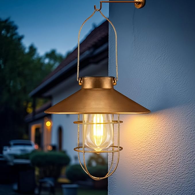 Solar Lantern Outdoor Waterproof Hanging Light Vintage Metal Solar Lantern Light with Warm White Edison Bulb Decorative for Patio, Backyard, Porch,Farmhouse
