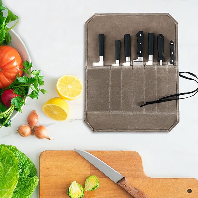 Khaki Chefโs Knife Roll Case, Waxed Canvas Cutlery Knives Holders Protectors, Home Kitchen Cooking Tools And Utensils Wrap Bag Wallet, Multi-Purpose Brush Roll Bag, Travel Tool Roll Pouch