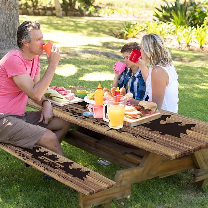 Picnic Table Cover with Bench Covers Elastic Edges, Wooden Camper Fitted Table Cover, Outdoor Patio Camping Essentials 96 Inch 3PCS, Waterproof Camping Fitted Tablecloth with Drawstring Bag