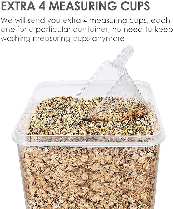 Vtopmart Food Storage Containers 4.3L / 145.4oz, 4 Pieces BPA Free Plastic Airtight Canister for Flour, Sugar, Baking Supplies, with 4 Measuring Cups and 24 Labels, Black