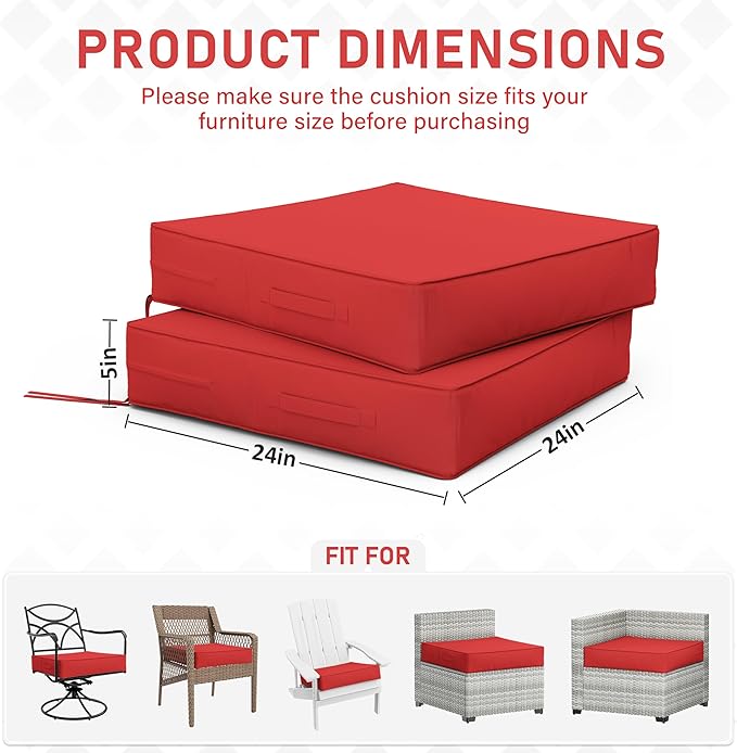 Patio Chair Cushions 24 X 24 X 5 Inch Waterproof Outdoor Seat Cushions for Patio Furniture, Outdoor Sofa Couch Pads with Ties & Handle, Set of 2, Red