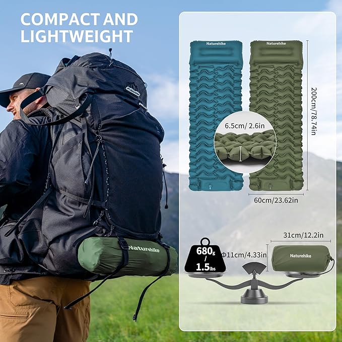 Naturehike Camping Sleeping Pad, Ultralight Inflatable Sleeping Mat with Pillow Built-in Foot Pump, 2.6 Inch Lightweight Air Mattress for Backpacking, Hiking, Traveling