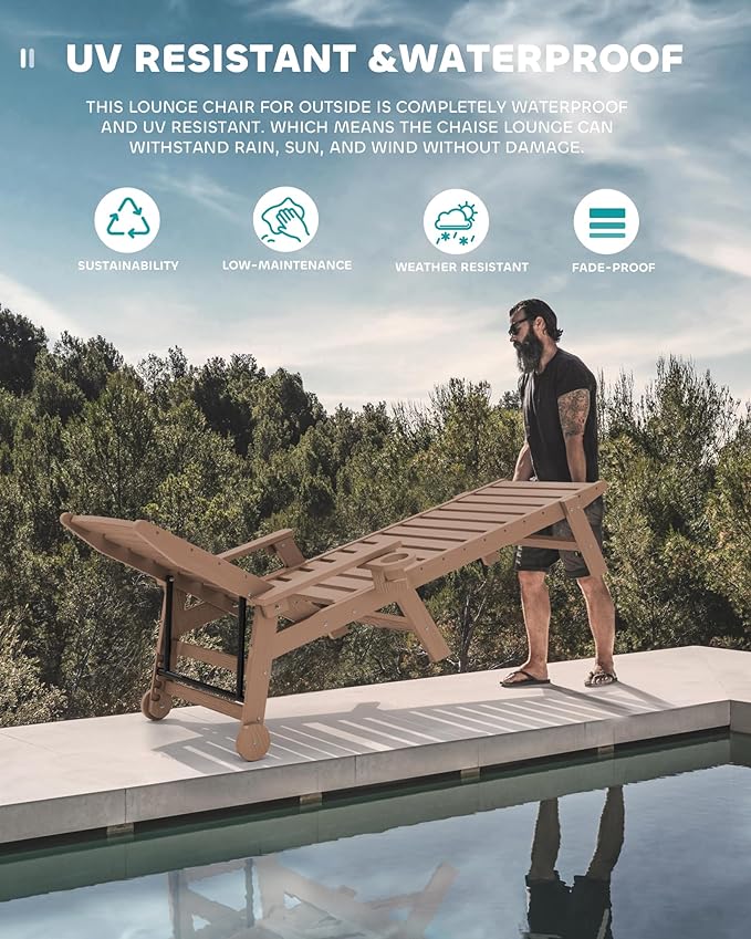 SERWALL Patio Chaise Lounge Chair Set of 2 with 9FT Patio Umbrella, 78'' HDPE Outdoor Lounger 5 Positions Adjustable, Poly Lounge Chair with Rolling Wheels & Cup Holder for Pool,Wooden Brown